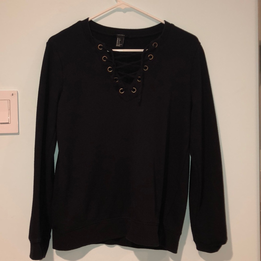 Black Forever 21 Lace-up Crewneck Sweatshirt